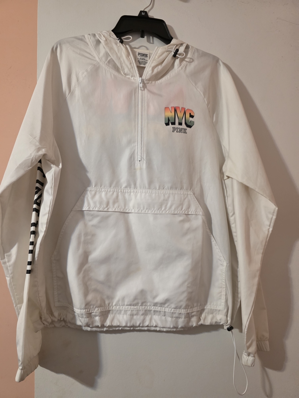 PINK Victoria's Secret White NYC Pullover Anorak Jacket with Rainbow Logo